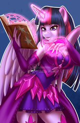 Size: 825x1275 | Tagged: safe, artist:bumblebun, part of a set, twilight sparkle, alicorn, anthro, g4, big breasts, book, breasts, busty twilight sparkle, cleavage, clothes, fantasy class, female, glowing horn, horn, magic, magic circle, mare, solo, twilight sparkle (alicorn), watermark