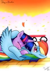 Size: 2480x3507 | Tagged: safe, artist:twidasher, rainbow dash, twilight sparkle, pegasus, pony, unicorn, g4, autumn, chest fluff, cuddling, duo, eyes closed, female, golden oaks library, high res, hug, leaves, lesbian, lying down, mare, multicolored hair, ship:twidash, shipping, signature, smiling, winghug