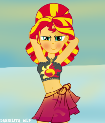 Size: 1024x1201 | Tagged: safe, artist:danielitamlp, sunset shimmer, equestria girls, equestria girls specials, g4, my little pony equestria girls: better together, my little pony equestria girls: forgotten friendship, arm behind head, armpits, beach, belly button, bikini, blushing, breasts, clothes, cute, dancing, female, looking at you, midriff, sarong, skirt, solo, summer sunset, swimsuit