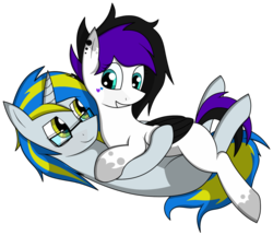 Size: 1024x925 | Tagged: safe, artist:seriousmawri, oc, oc only, oc:songsky, pegasus, pony, unicorn, colored, couple, female, glasses, hug, looking at you, male, mare, oc x oc, ponytail, romance, shipping, simple background, snuggling, stains, stallion, straight, transparent background, yellow eyes