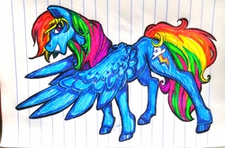Size: 3024x2000 | Tagged: safe, artist:smirk, rainbow dash, pegasus, pony, g4, female, gel pen, high res, lined paper, mare, pen, simple background, solo, spread wings, traditional art, wings