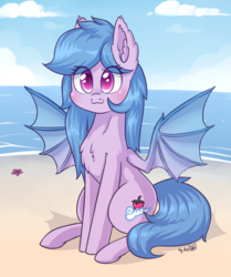 Size: 1126x1344 | Tagged: safe, artist:dsp2003, oc, oc only, oc:fruit hulu, bat pony, pony, animated, animated png, bat pony oc, beach, blushing, chest fluff, cute, dsp2003 is trying to murder us, ear fluff, female, mare, mlem, ocbetes, silly, sitting, spread wings, tongue out, wings