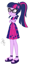 Size: 916x2048 | Tagged: safe, artist:ilaria122, sci-twi, twilight sparkle, equestria girls, equestria girls series, g4, spring breakdown, spoiler:eqg series (season 2), clothes, crossed arms, dress, female, geode of telekinesis, glasses, magical geodes, sandals, signature, simple background, solo, transparent background