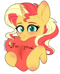 Size: 889x1107 | Tagged: safe, artist:fioweress, sunset shimmer, pony, unicorn, g4, cute, female, heart, heart pillow, holiday, looking at you, mare, pillow, shimmerbetes, simple background, smiling, solo, transparent background, valentine's day