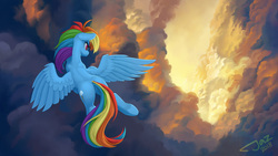 Size: 3840x2160 | Tagged: safe, artist:1jaz, rainbow dash, pegasus, pony, g4, butt, cloud, cloudy, featureless crotch, female, flying, high res, mare, multicolored hair, plot, rear view, scenery, signature, sky, solo, spread wings, wings