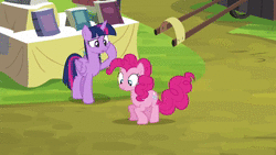 Size: 1280x720 | Tagged: safe, screencap, chirpy hooves, pinkie pie, twilight sparkle, alicorn, pony, g4, trade ya!, animated, feather, female, filly, no sound, scared, twilight sparkle (alicorn), webm