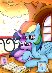 Size: 2480x3507 | Tagged: safe, artist:twidasher, rainbow dash, twilight sparkle, pegasus, pony, g4, book, duo, female, golden oaks library, high res, leaves, lesbian, lying down, mare, mug, prone, reading, ship:twidash, shipping, signature