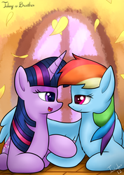 Size: 2480x3507 | Tagged: safe, artist:twidasher, rainbow dash, twilight sparkle, pegasus, pony, unicorn, g4, autumn, duo, female, golden oaks library, high res, hug, leaves, lesbian, looking at each other, lying down, mare, prone, ship:twidash, shipping, signature, unicorn twilight, window, winghug