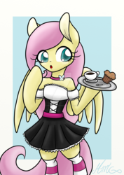 Size: 1024x1448 | Tagged: safe, artist:mimicproductions, fluttershy, pegasus, semi-anthro, g4, arm hooves, bipedal, clothes, coffee, collar, cupcake, drink, female, food, maid, socks, solo, strapless, striped socks, tray, zettai ryouiki