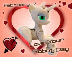 Size: 600x480 | Tagged: safe, artist:sbotproject, sweetie belle, pony, robot, robot pony, unicorn, sweetie bot project, g4, animated, bedroom eyes, blank flank, female, filly, foal, gif, heart, holiday, hooves, horn, irl, looking at you, photo, proto3, raised hoof, solo, sweetie bot, text