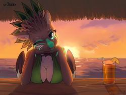 Size: 2000x1500 | Tagged: safe, artist:jedayskayvoker, oc, oc:alpine apotheon, anthro, bikini, bikini top, clothes, looking at you, one eye closed, smiling, sunset, swimsuit, tongue out, wink, ych result