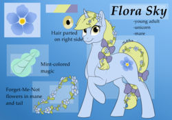 Size: 1624x1132 | Tagged: safe, artist:mythpony, oc, oc only, oc:flora sky, pony, unicorn, female, flower, magic, mare, reference sheet, solo