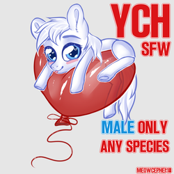Size: 3000x3000 | Tagged: safe, artist:meowcephei, pony, advertisement, balloon, chibi, commission, heart balloon, high res, male, solo, your character here