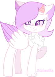 Size: 1097x1534 | Tagged: safe, artist:rosiepie15, oc, oc only, hybrid, chest fluff, colored wings, colored wingtips, female, horns, interspecies offspring, offspring, parent:discord, parent:princess celestia, parents:dislestia, simple background, solo, transparent background