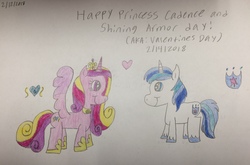 Size: 3264x2148 | Tagged: safe, artist:smurfettyblue, derpibooru exclusive, princess cadance, shining armor, g4, cutie mark, duo, high res, holiday, looking at each other, traditional art, valentine's day