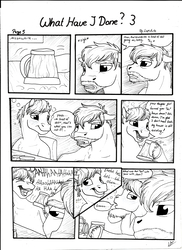 Size: 2550x3506 | Tagged: safe, artist:lupiarts, oc, oc only, oc:daxter, oc:ron nail, horse, comic:what have i done, black and white, bubble, cider, comic, drunk, grayscale, high res, laughing, male, monochrome, mug, sad, speech bubble, stallion, tankard, traditional art