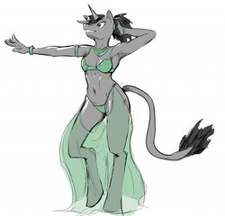 Size: 1280x1228 | Tagged: safe, artist:double-zr-tap, oc, oc:cutie lion, unicorn, anthro, unguligrade anthro, armpits, belly dancer, belly dancer outfit, clothes, leonine tail, underwear