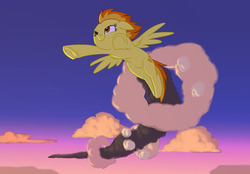 Size: 1280x893 | Tagged: safe, artist:carnifex, spitfire, pegasus, pony, g4, cloud, evening, female, flying, mare, sky, smiling, smoke trail, solo, wings