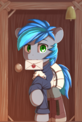 Size: 1117x1675 | Tagged: safe, artist:anonbelle, pegasus, pony, anime, clothes, commission, door, letter, looking at you, male, message, mouth hold, raised hoof, shoes, solo, stallion, violet evergarden