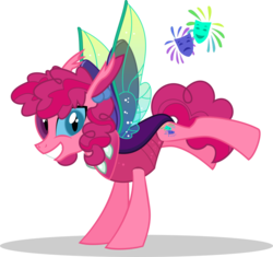 Size: 1024x961 | Tagged: safe, artist:mlp-trailgrazer, oc, oc only, oc:loki, changedling, changeling, changepony, bucking, grin, happy, heterochromia, offspring, parent:pinkie pie, parent:thorax, parents:thorapie, pink, simple background, smiling, solo, spread wings, transparent background, vector, wings