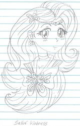 Size: 749x1179 | Tagged: safe, artist:haleyc4629, part of a set, fluttershy, human, equestria girls, g4, beautiful, bust, crossover, cute, female, lined paper, manga attempt, monochrome, portrait, sailor kindness, sailor moon (series), sailor senshi, shyabetes, simple background, sketch, solo, traditional art, woman