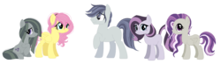 Size: 1677x491 | Tagged: safe, artist:gallantserver, fluttershy, marble pie, oc, oc:dolerite pamela pie, oc:griseo benjamin shale, oc:iridescence iolite pie, earth pony, pegasus, pony, g4, alternate hairstyle, base used, blank flank, female, freckles, lesbian, magical lesbian spawn, male, mare, offspring, parent:fluttershy, parent:marble pie, parents:marbleshy, ship:marbleshy, shipping, simple background, stallion, transparent background