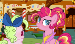 Size: 1376x813 | Tagged: safe, artist:gallantserver, pinkie pie, oc, oc:key lime pie, pegasus, pony, g4, alternate hairstyle, apron, baby, baby pony, base used, bow, clothes, female, filly, hair bow, mother and daughter, nose wrinkle, offspring, older, parent:cheese sandwich, parent:pinkie pie, parents:cheesepie, sugarcube corner