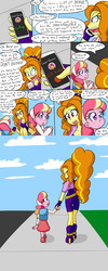 Size: 800x2000 | Tagged: safe, artist:jake heritagu, adagio dazzle, sunset shimmer, oc, oc:honeycrisp blossom, comic:aria's archives, equestria girls, g4, angry, backpack, cellphone, clothes, comic, disappointed, mamadagio, offspring, parent:big macintosh, parent:princess cadance, parents:cadmac, phone, sidewalk, smartphone