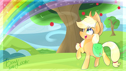 Size: 1920x1080 | Tagged: safe, artist:lynchristina, applejack, earth pony, pony, g4, apple, apple tree, female, food, rainbow, solo, tree
