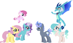 Size: 1427x852 | Tagged: safe, artist:gallantserver, fluttershy, princess ember, oc, oc:iridescent, oc:rose gold, oc:spectrum blitz, oc:summer azure, dracony, dragon, hybrid, pegasus, pony, unicorn, g4, adopted offspring, bloodstone scepter, dragon lord ember, embershy, family, female, interspecies offspring, jewelry, lesbian, male, offspring, parent:discord, parent:fluttershy, parent:princess ember, parents:embershy, pendant, shipping, simple background, stallion, transparent background