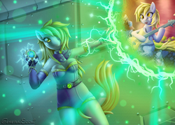 Size: 3333x2381 | Tagged: safe, artist:generalecchi, derpy hooves, anthro, g4, amulet, belt, guitar, hair over one eye, high res, timelord