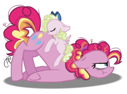 Size: 1000x741 | Tagged: safe, artist:gallantserver, pinkie pie, oc, oc:key lime pie, earth pony, pegasus, pony, g4, alternate hairstyle, bags under eyes, blank flank, bow, female, filly, floppy ears, foal, hair bow, mother and daughter, nap, offspring, older, parent:cheese sandwich, parent:pinkie pie, parents:cheesepie, simple background, sleeping, transparent background