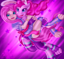 Size: 3333x3095 | Tagged: safe, artist:generalecchi, fluttershy, pinkie pie, anthro, plantigrade anthro, g4, bunny ears, clothes, high res, socks