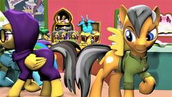 Size: 3840x2160 | Tagged: safe, artist:dj-chopin, daring do, quibble pants, rainbow dash, g4, 3d, convention, fake wings, high res, plushie, song in the description, source filmmaker