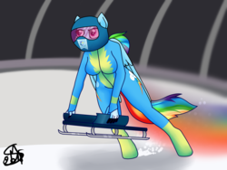 Size: 1024x768 | Tagged: safe, artist:spokenmind93, rainbow dash, anthro, unguligrade anthro, g4, clothes, cutie mark, flag of equestria, gloves, helmet, signature, skeleton, sled, sports, tail, uniform, winter olympic games, winter olympics