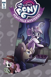 Size: 2063x3131 | Tagged: safe, idw, doctor horse, doctor stable, nurse redheart, sweetie belle, pony, g4, ponyville mysteries, spoiler:comic, spoiler:comicponyvillemysteries1, blushing, comic cover, comics, doctor, female, high res, logo, magnifying glass, male, mare, my little pony logo, question mark, stallion