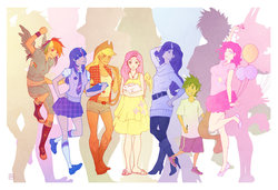 Size: 1280x876 | Tagged: safe, artist:poncy-rogue, angel bunny, applejack, fluttershy, pinkie pie, rainbow dash, rarity, spike, twilight sparkle, human, rabbit, ballerinas, balloon, belly button, belt, book, boots, clothes, converse, cowboy hat, denim, dress, feet, hat, high heel boots, horned humanization, hot pants, humanized, leggings, mane seven, mane six, midriff, necktie, no more ponies at source, pants, plaid, plaid skirt, pleated skirt, rope, sandals, shirt, shoes, shorts, skirt, socks, stetson, sweater vest, tutu, winged humanization, wings