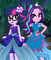 Size: 758x884 | Tagged: safe, artist:mixiepie, artist:punzil504, artist:themexicanpunisher, aria blaze, sci-twi, twilight sparkle, equestria girls, g4, legend of everfree, clothes, clothes swap, crystal ball, dress, duo, female, forest, glasses, lesbian, open mouth, shipping, sparkleblaze