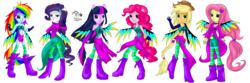 Size: 10630x3508 | Tagged: safe, artist:zakurarain, applejack, fluttershy, pinkie pie, rainbow dash, rarity, twilight sparkle, equestria girls, g4, belly button, boots, clothes, cowboy hat, dress, fingerless gloves, gloves, hat, humane five, humane six, leggings, pantyhose, ponied up, shoes, shorts, simple background, skirt, stetson, stockings, thigh highs, transparent background, w.i.t.c.h., wings