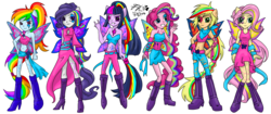 Size: 5906x2480 | Tagged: safe, artist:zakurarain, applejack, fluttershy, pinkie pie, rainbow dash, rarity, twilight sparkle, fairy, human, equestria girls, g4, bare shoulders, belly button, boots, clothes, crossover, devil horn (gesture), dress, fairies, fairies are magic, fairy wings, fairyized, high heel boots, humane five, humane six, midriff, ponied up, rainbow hair, rainbow power, rainbow power-ified, ripped pants, shoes, simple background, skirt, strapless, transparent background, w.i.t.c.h., wings