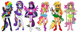 Size: 1024x430 | Tagged: safe, artist:zakurarain, applejack, fluttershy, pinkie pie, rainbow dash, rarity, twilight sparkle, alicorn, human, equestria girls, g4, boots, clothes, colored wings, high heel boots, high heels, humane five, humane six, lasso, multicolored wings, one eye closed, peace sign, pleated skirt, ponied up, rainbow power, rainbow wings, rope, sailor moon (series), shoes, shorts, simple background, skirt, staff, tongue out, transparent background, twilight sparkle (alicorn), wand, watermark, wings, wink