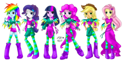 Size: 7087x3508 | Tagged: safe, artist:zakurarain, applejack, fluttershy, pinkie pie, rainbow dash, rarity, twilight sparkle, equestria girls, g4, belly button, boots, braid, clothes, cowboy hat, crossover, dress, hat, high heels, humane five, humane six, leggings, needs more saturation, pantyhose, shoes, shorts, side slit, simple background, skirt, stetson, stockings, thigh highs, transparent background, w.i.t.c.h., wings