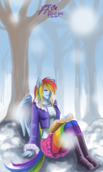 Size: 2480x4144 | Tagged: safe, artist:zakurarain, rainbow dash, human, g4, tanks for the memories, book, boots, clothes, eared humanization, female, humanized, jacket, pantyhose, rainbow socks, reading, shoes, skirt, skirt lift, smiling, snow, socks, solo, striped pantyhose, striped socks, tail, tailed humanization, tree, upskirt, winged humanization, wings, winter