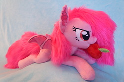 Size: 4912x3264 | Tagged: safe, artist:fafatacle, pinkie pie, bat pony, pony, g4, absurd resolution, apple, food, irl, photo, pinkamena diane pie, pinkiebat, plushie, prone, race swap, solo