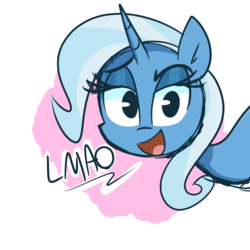 Size: 1280x1280 | Tagged: safe, artist:lilboulder, trixie, pony, unicorn, g4, dialogue, female, laughing, laughing at you, lmao, looking at you, mare, raised eyebrow, reaction image, simple background, smug, solo, talking