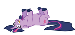 Size: 6800x3189 | Tagged: safe, artist:greyscaleart, twilight sparkle, pony, unicorn, g4, colored hooves, derp, faic, female, floppy ears, laughing, legs in air, looking at you, mare, on back, open mouth, simple background, smiling, solo, underhoof, upside down, white background, wide eyes