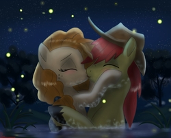 Size: 3300x2650 | Tagged: safe, artist:greenbrothersart, bright mac, pear butter, earth pony, firefly (insect), pony, g4, blushing, duo, eyes closed, female, high res, holding each other, kiss on the lips, kissing, male, mare, night, pond, romantic, ship:brightbutter, shipping, stallion, straight