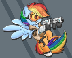 Size: 1024x827 | Tagged: safe, artist:lbrcloud, rainbow dash, pony, g4, female, goggles, gun, overwatch, rainbow tracer, solo, tracer, weapon