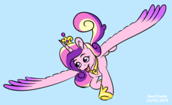 Size: 1011x618 | Tagged: safe, artist:haretrinity, princess cadance, alicorn, pony, g4, aside glance, blue background, female, flying, mare, open mouth, simple background, solo, spread wings, wings