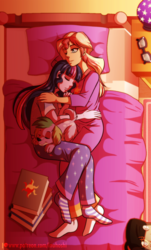 Size: 900x1490 | Tagged: safe, artist:inuhoshi-to-darkpen, sci-twi, spike, spike the regular dog, sunset shimmer, twilight sparkle, dog, equestria girls, g4, bed, bedroom, clothes, duo, female, glasses, lesbian, loose hair, pajamas, pillow, ship:sci-twishimmer, ship:sunsetsparkle, shipping, socks, striped socks